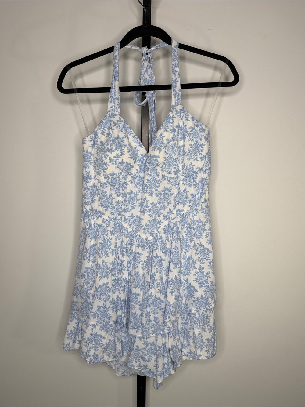 Altar'd State White and Light Blue Floral Halter‎ Romper